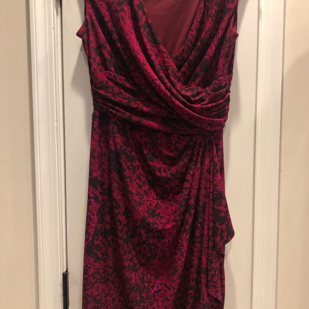 Chaps One-Shoulder Draped Floral Dress in Deep Red and Black
